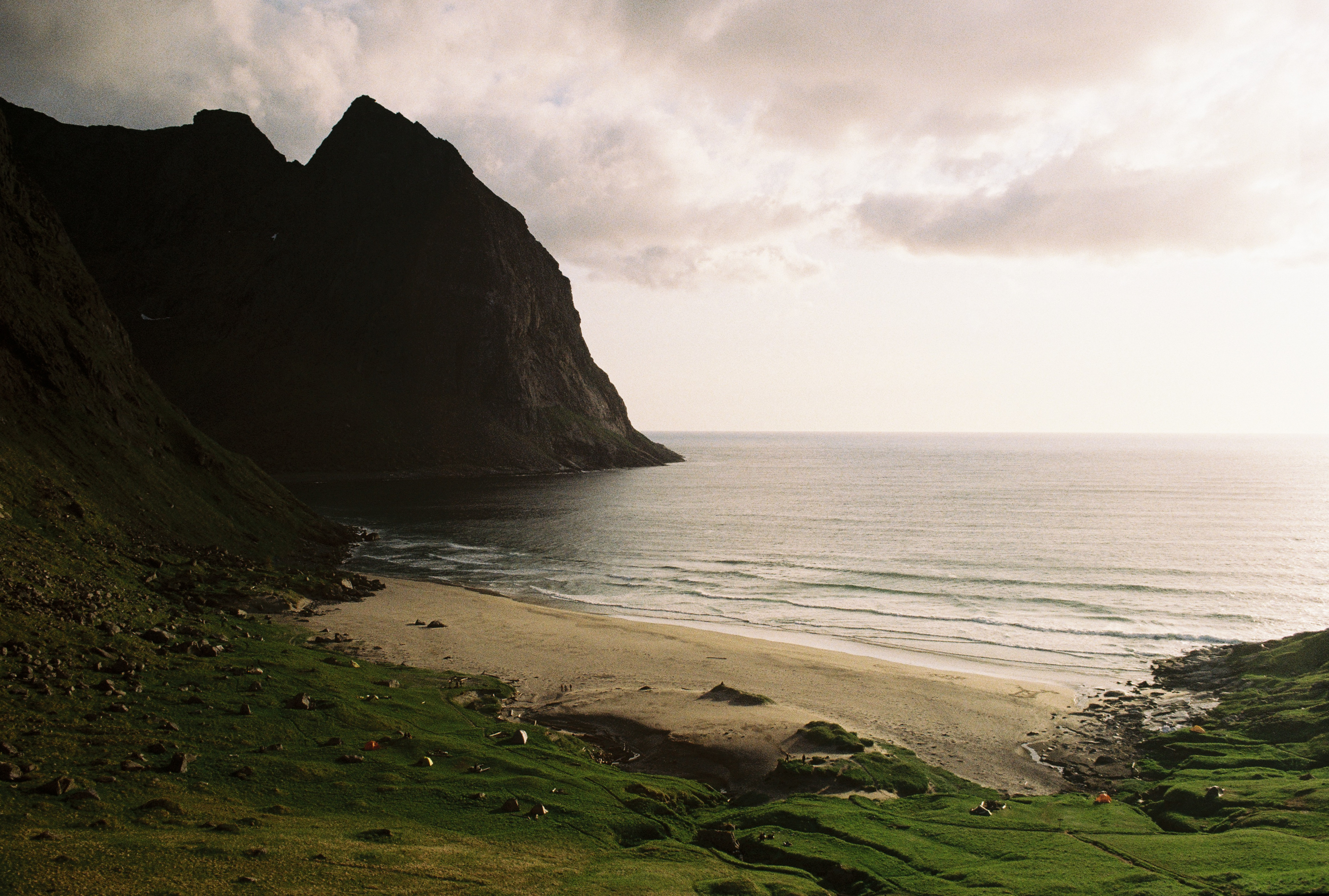 Sunset before camping at Kvalvika beach.