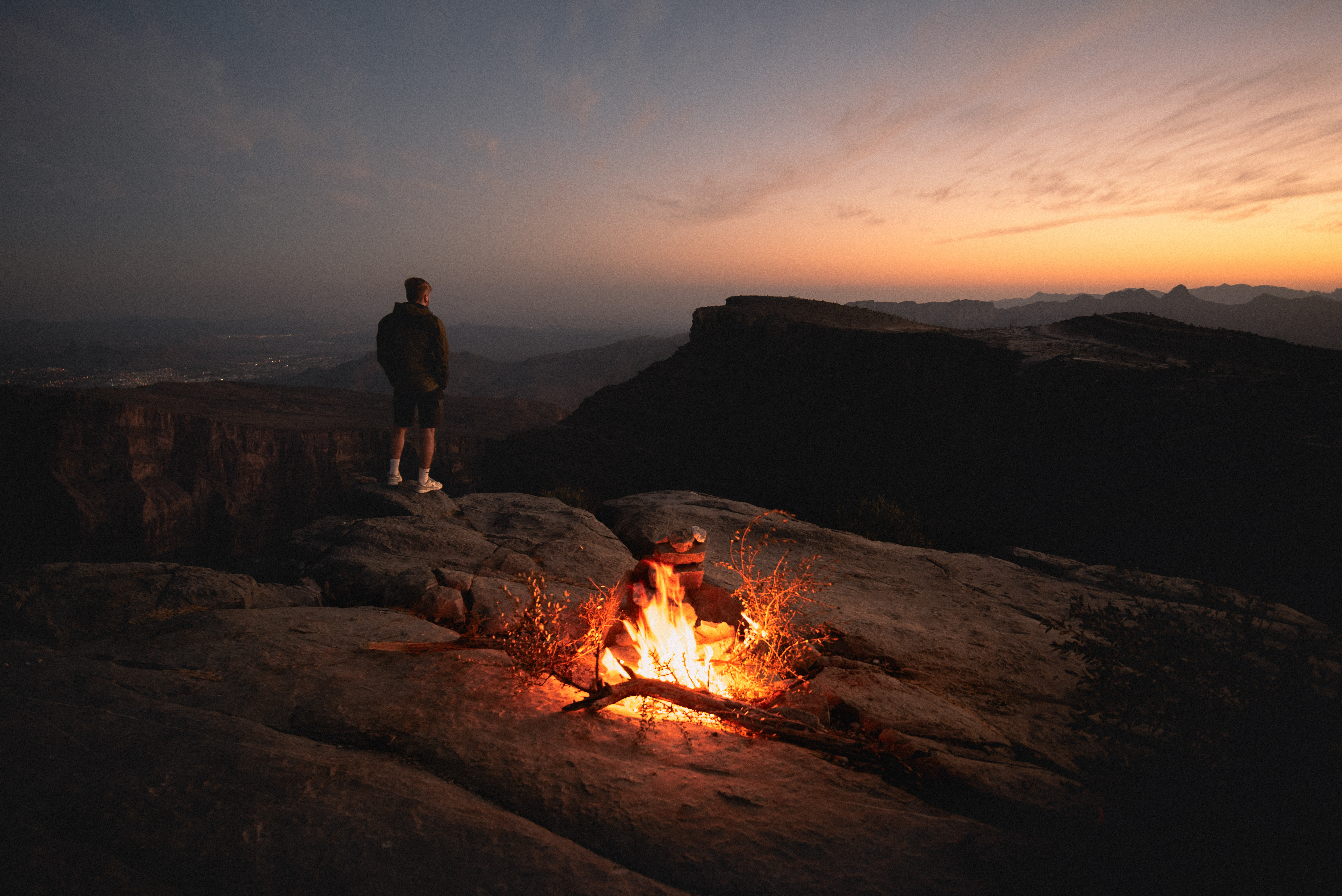 Campfire at Jebel Shams at sunset.